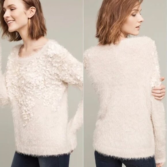 Anthropologie Moth Audrette Eyelash Sweater Pullover 3D Floral Applique Cream L - Picture 1 of 16